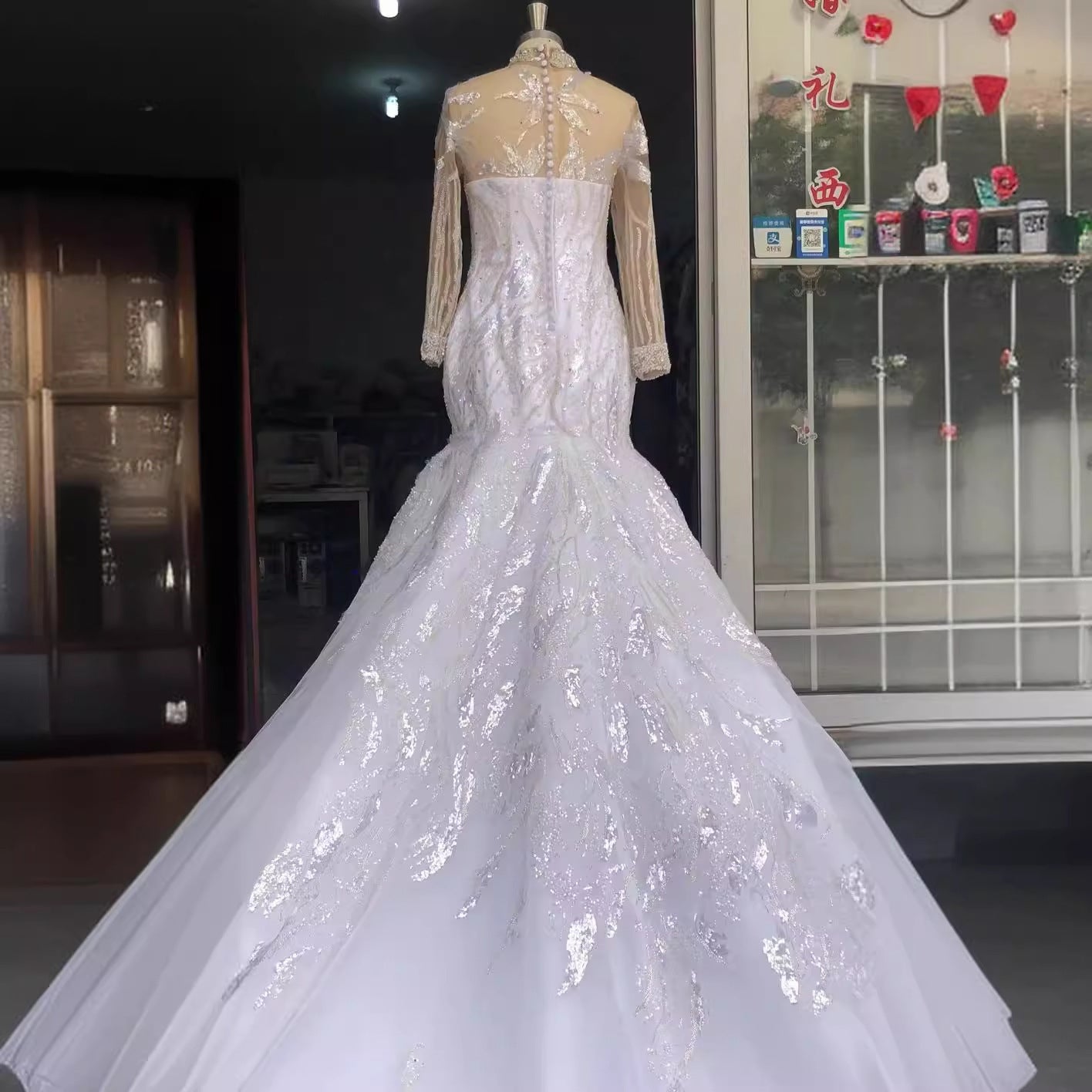 Wedding Dress African Bridal Lace Long Sleeve Fishtail - kinko