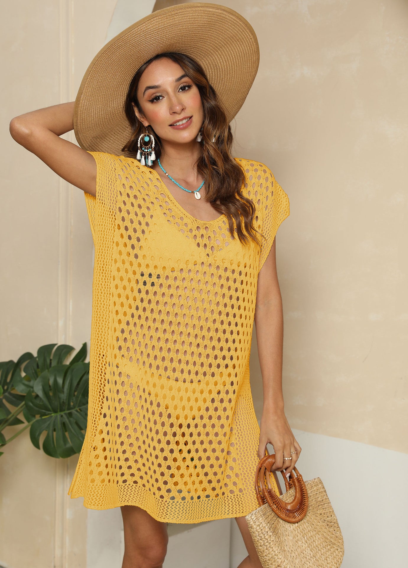 Women Beach Dress Women Clothing Hollow Out Woven Shirt Sexy See through Split Beach Cover Up - kinko Global Holdings inc