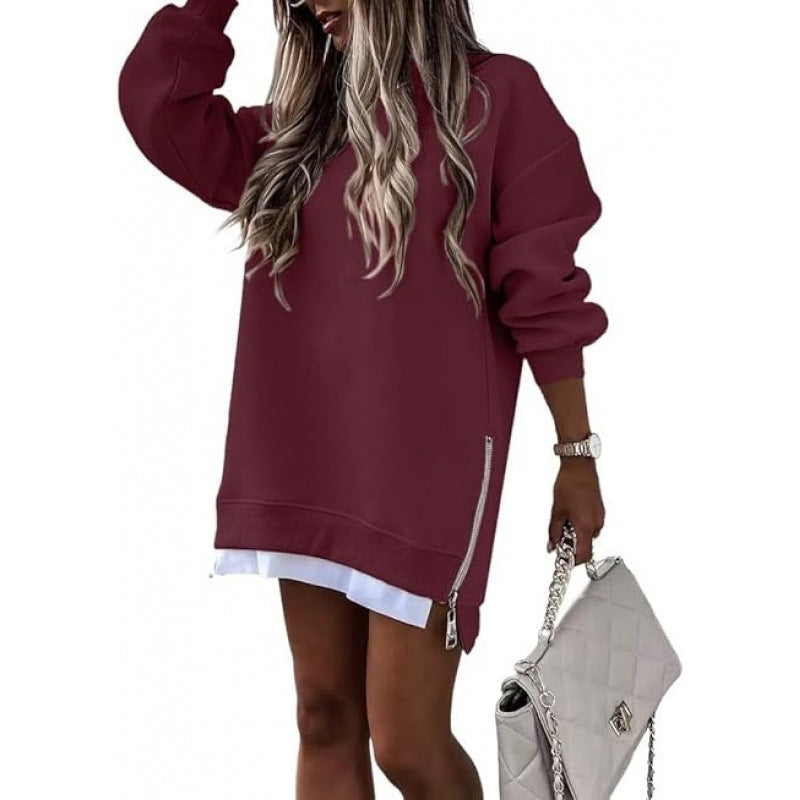 Fall Winter Fashion Stitching Side Zipper Design Pullover Sweater For Women - kinko Global Holdings inc