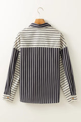 Black Stripe 2-tone Patchwork Half Buttons Chest Pockets Casual Blouse - kinko