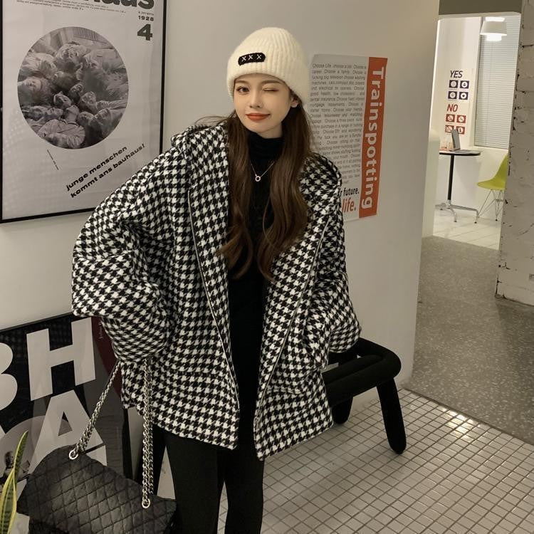 Female Houndstooth Embroidered Baseball Uniform Fall Winter Coat