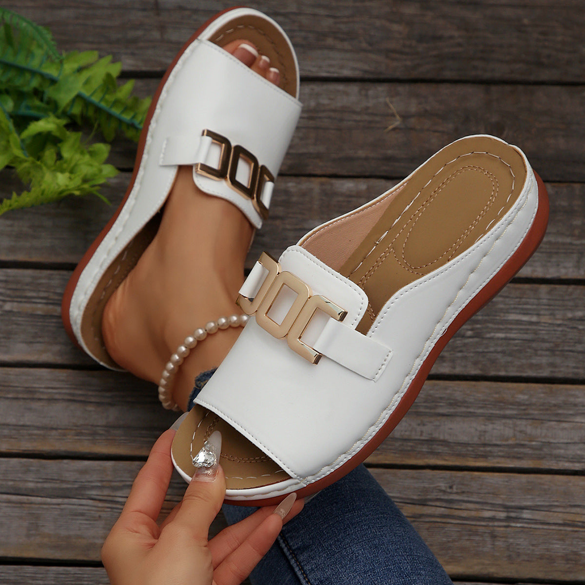Southeast Asian Buckle Wedge Open Toe Slippers Women plus Size Metal Buckle Fish Mouth Beach Slippers - kinko Global Holdings inc