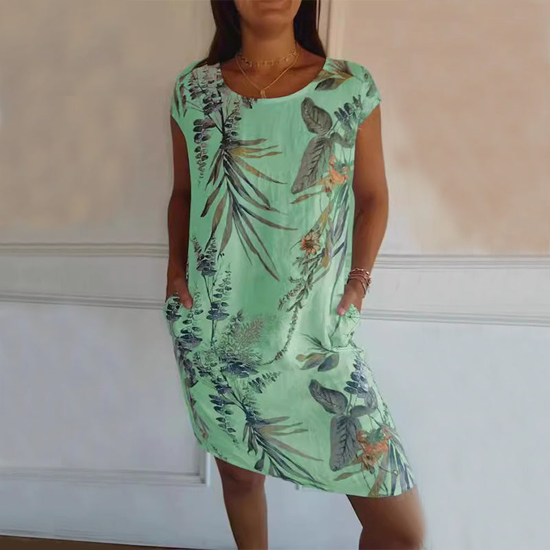 Flower And Leaf Printed Straight Dress Summer Loose Round Neck Short Sleeve Dresses Womens Clothing - kinko