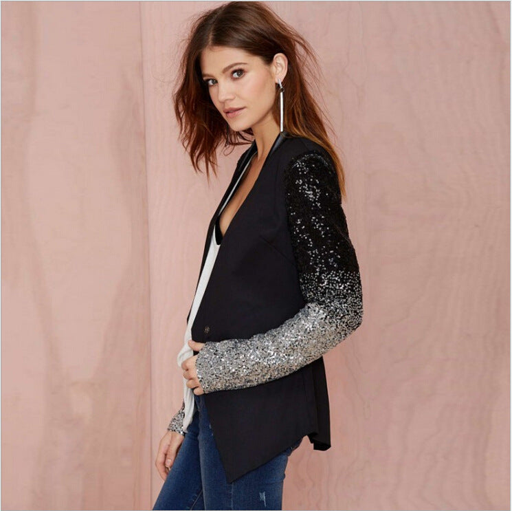 Women Thin Jacket Coat Spring Autumn Long Sleeve Lapel Fashion Silver Black Sequin Elegant Slim Work Blazers Suit feminino - kinko