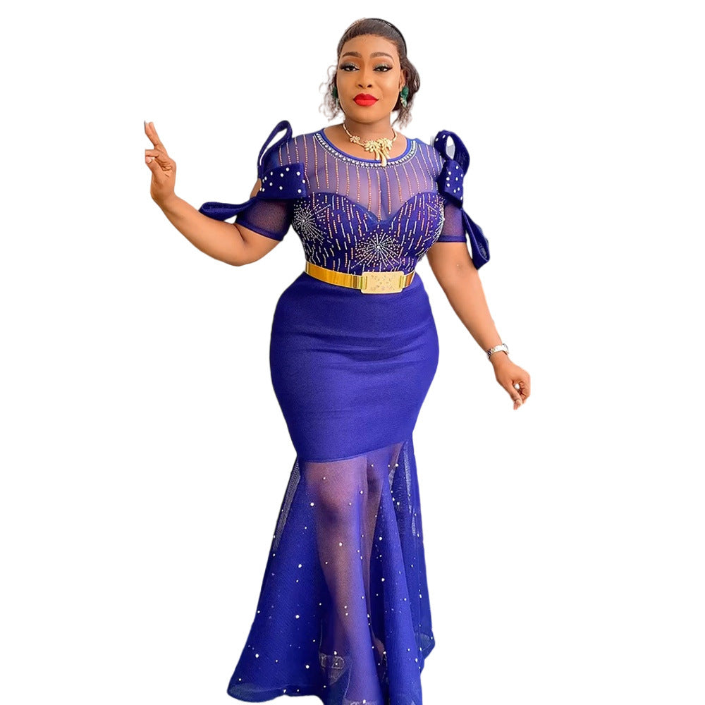 Women's Heavy Embroidered Hot Diamond Beads Night Banquet Light Luxury Evening Dress Fishtail Skirt - kinko