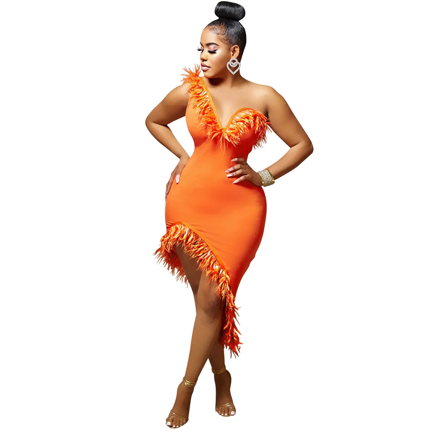 V-neck Sleeveless Chest Feather Irregular Midi Dress - kinko