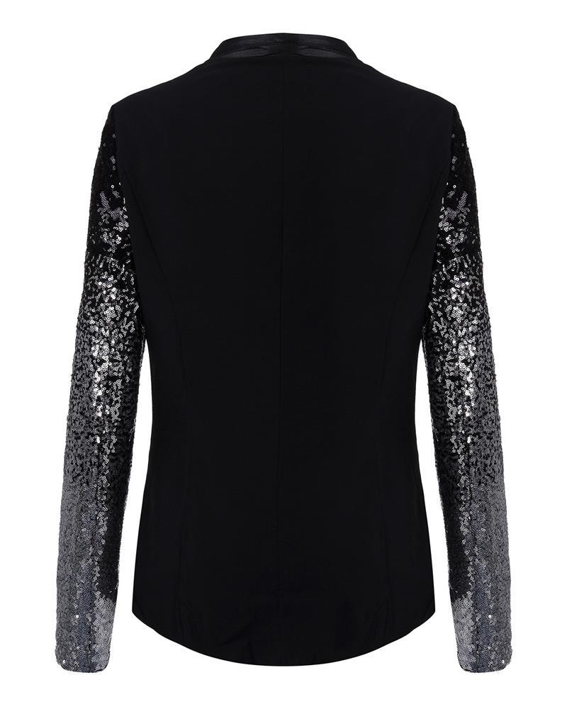 Women Thin Jacket Coat Spring Autumn Long Sleeve Lapel Fashion Silver Black Sequin Elegant Slim Work Blazers Suit feminino - kinko