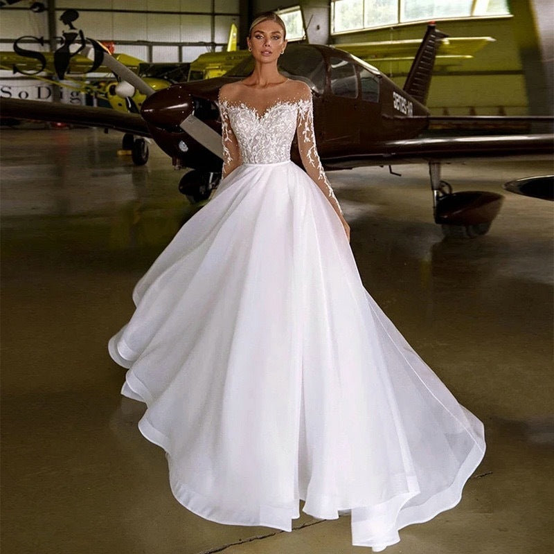 Embroidered Long Sleeve Off-the-shoulder Wedding Dress - kinko