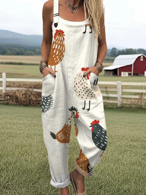 Women's Summer Digital Printing Button Casual Suspender Trousers - kinko