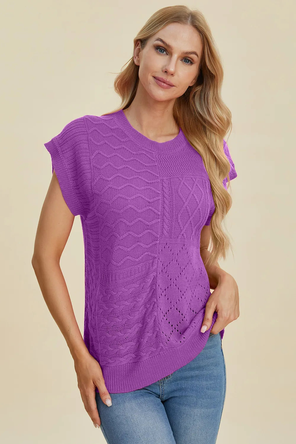 Double Take Full Size Cable-Knit Round Neck Cap Sleeve Sweater - kinko