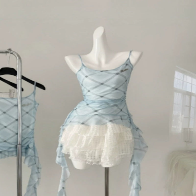 Blue Suit Mesh Stretch Slim Strap Top Lace Cake Dress - kinko