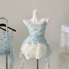 Blue Suit Mesh Stretch Slim Strap Top Lace Cake Dress - kinko