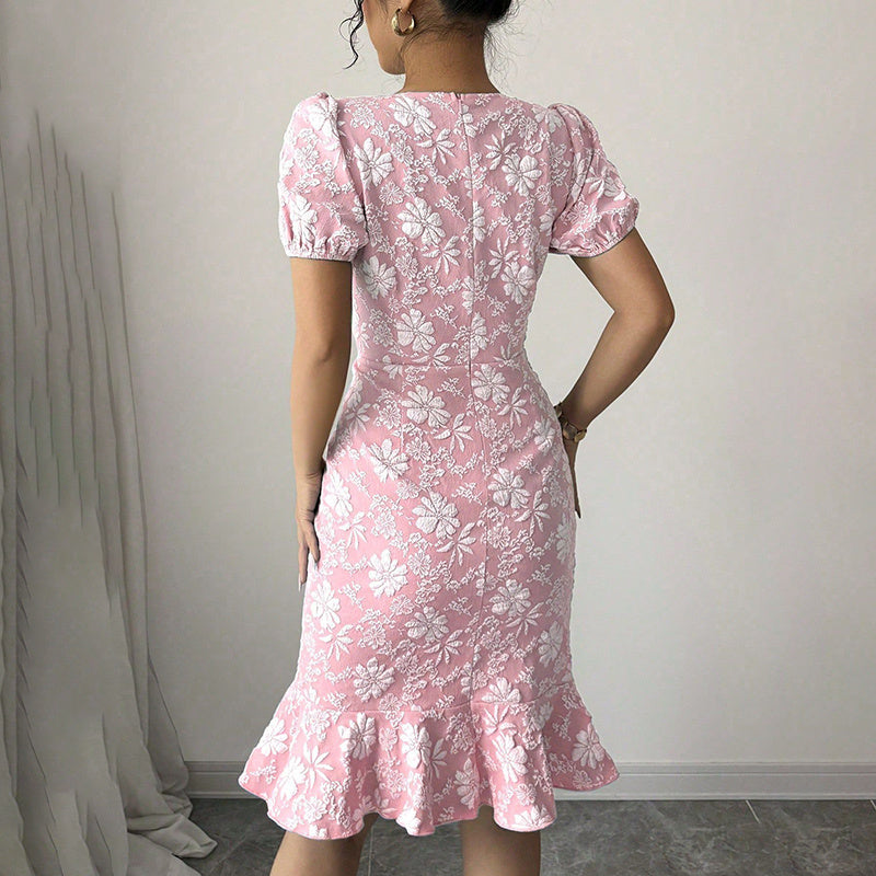 Women's Floral Jacquard Dress Women's Short Puff Sleeve Crew Neck Ruffle Hem Bodycon Dresses - kinko