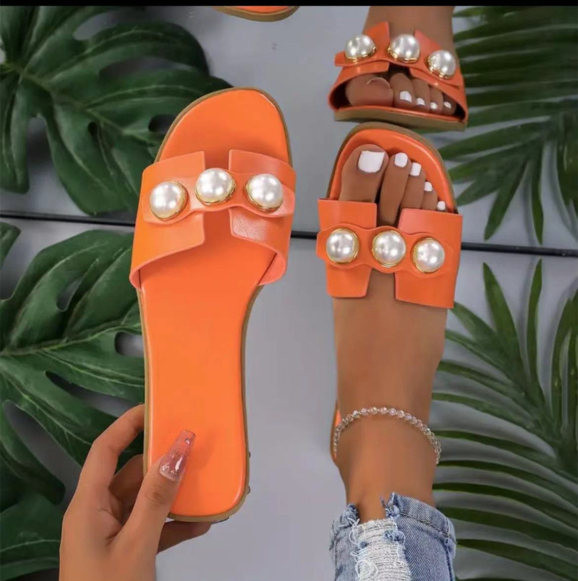 Pearl Flat Slippers Women Lightweight Low Heel Outerwear Beach Slippers Supply - kinko Global Holdings inc