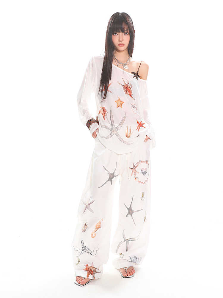 Diagonal Collar Long Sleeve T-shirt Printed See-through Loose Blouse - kinko