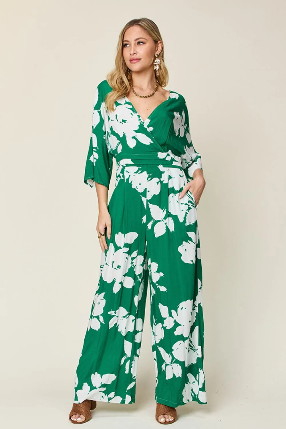 Double Take Full Size Printed Tie Back Wide Leg Jumpsuit - kinko
