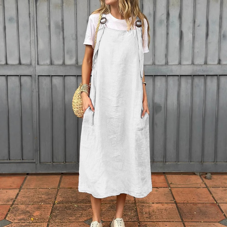 Summer Women's Adjustable Shoulder Strap Casual Cotton And Linen Dress - kinko