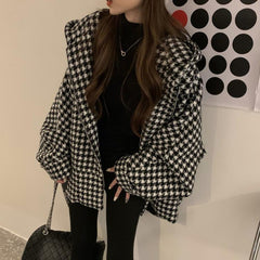 Female Houndstooth Embroidered Baseball Uniform Fall Winter Coat