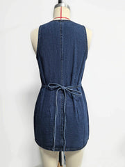 Autumn Button Placket Lace up Back Waist Denim Dress Retro Dress Women