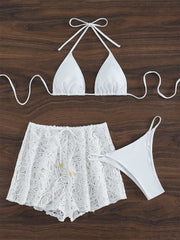 Mesh Semi Transparent Halter Tied Rope Gathered Deep V Plunge Sexy Backless Bikini Three Piece Set Swimsuit