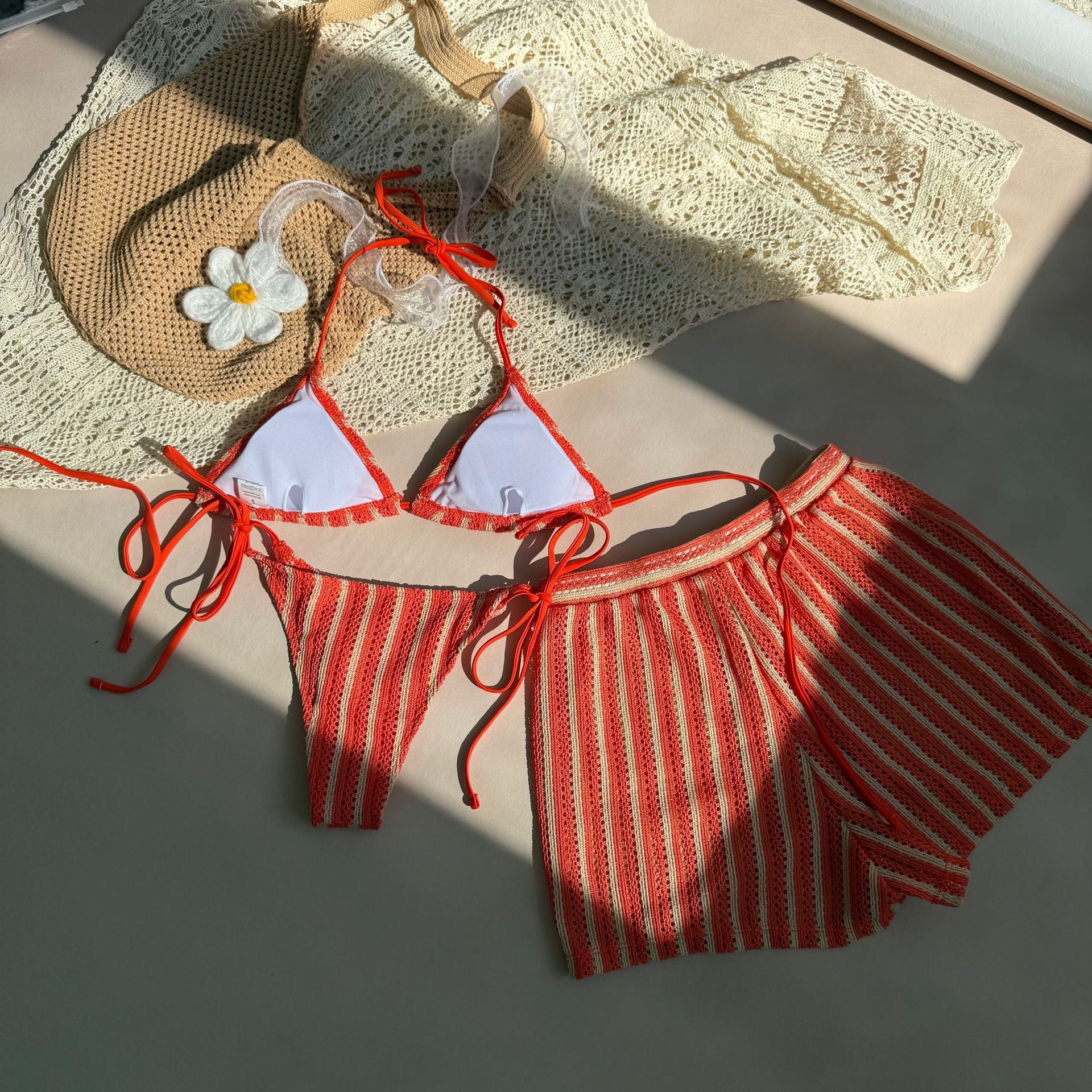 Sexy Lace up Striped Three Piece Swimsuit Bikini - kinko Global Holdings inc