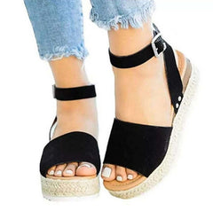 plus Size Summer Platform Heel Buckle Sandals Women Leopard Print Hemp Rope Woven Wedge - kinko Global Holdings inc