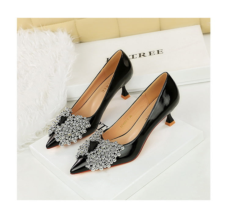 Diamond Bow Classy High Heels Pointed Stiletto Heel Shallow Mouth Thin Shoes Women - kinko Global Holdings inc