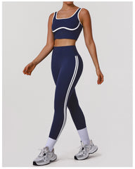Contrast Color Striped Fitness Yoga Two Piece Sets High Elastic Shockproof Bra Hip Lift Belly Shaping Tights Sportswear - kinko Global Holdings inc