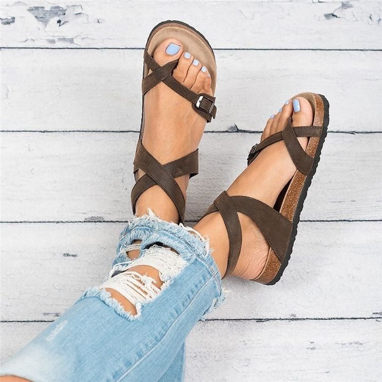 Summer plus Size Sandals Cork Sole Roman Toe Covering Belt Buckle Strip Winding Sandals Women - kinko Global Holdings inc