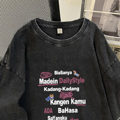 Heavy Autumn Hong Kong Trendy Brand Loose Retro Washed College Cotton round Neck Long Sleeves Top T shirt Women