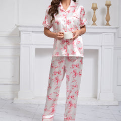 Satin Printed Pajamas Comfortable Homewear Short Sleeve Trousers Two Piece Sets Women Spring Summer Floral Satin Collared Artificial Silk - kinko Global Holdings inc