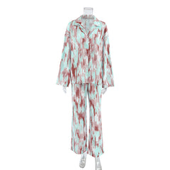 Autumn Printed Cardigan Loose Home Wear Long Sleeve Trousers Two Piece Ice Silk Pajamas