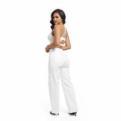 Denim Trousers for Women White Straight Cut Trendy Long Ripped Jeans