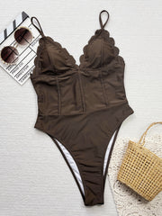 Bikini Brown Deep V Plunge Strap One Piece Swimsuit