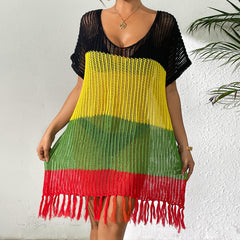 Women Lace up Dress Lace up Bow Color Contrast Patchwork Sexy Cutout Tassel Dress Beach Beach Cover Up