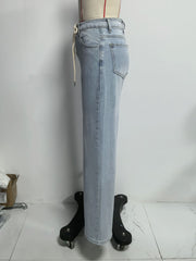 Autumn Drawstring Cross Strap Straight Jeans Retro Slimming Wide Leg Jeans Women
