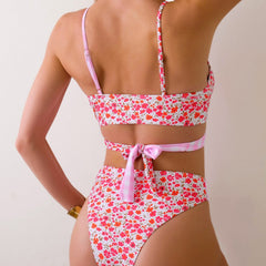 Bikini Multicolor Printing Cross Lace up Sexy Bikini Swimsuit Swimwear