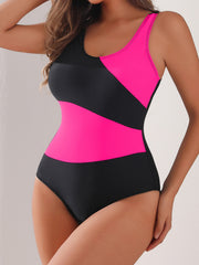 One Piece Contrast Color Women Swimsuit Asymmetric Design Slim Fit Swimsuit