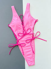 One Piece Bikini Solid Color Hollow Out Cutout Strap One Piece Swimsuit Crisscross