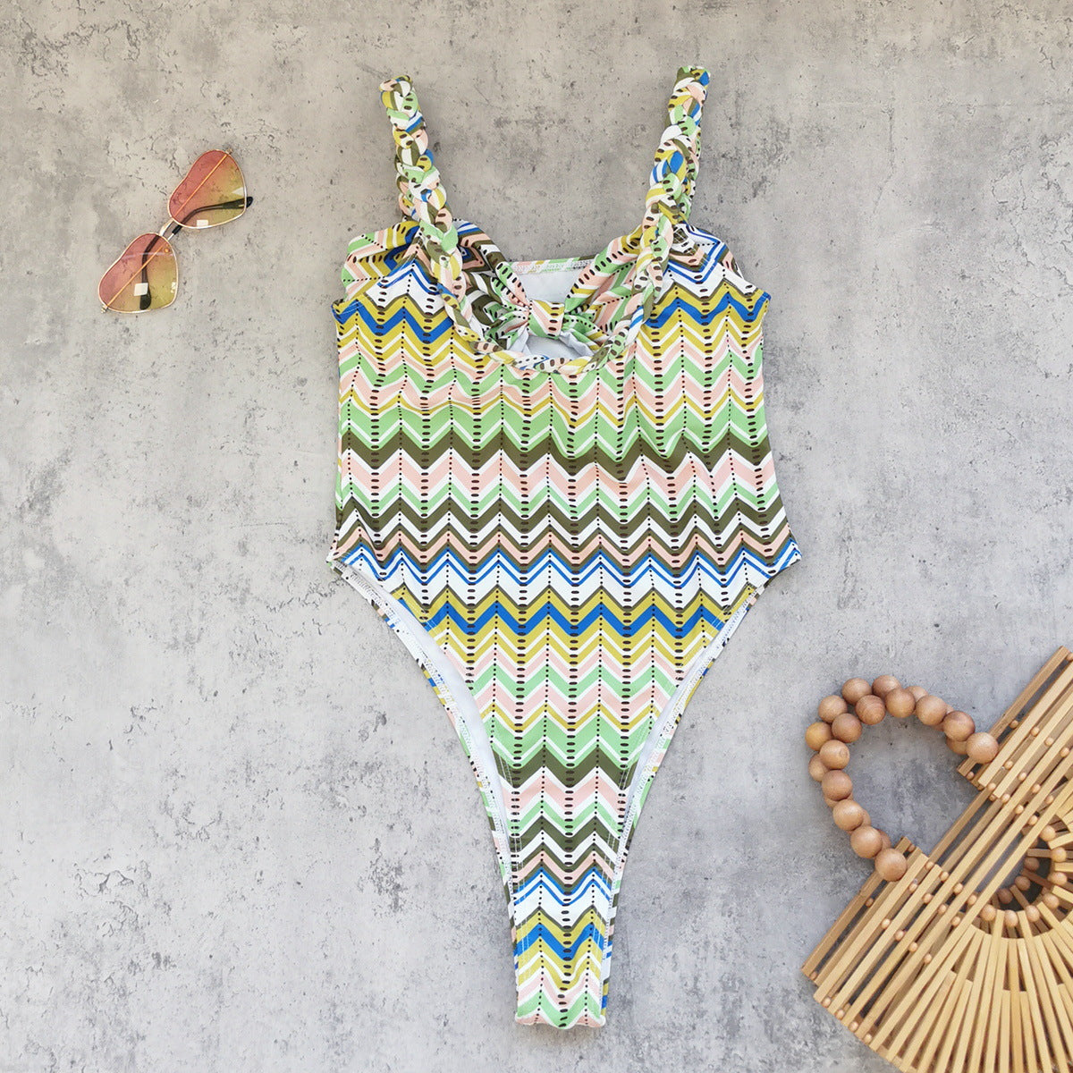 Braid Rope Lace up Cutout Striped Printed High Slit Triangle One Piece Swimsuit Skirt Two Piece Set - kinko Global Holdings inc