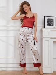 Pajamas Women Summer Ice Silk Satin Sexy Suspender Skirt Trousers Two Piece Thin Women Homewear