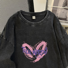 Pure Cotton Washed Black Distressed Heavy Retro Printing Trendy Cool Popular Couple Loose Upper Clothes Long Sleeves T shirt Women