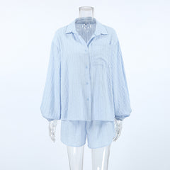 Simple Casual Cardigan Home Wear Pure Cotton Skin Friendly Breathable Long Sleeves Shorts Pajamas Two Piece Set