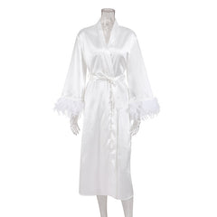 Spring Pajamas Women Cardigan Feather Satin Nightgown Loose Long Bathrobe Ladies Homewear