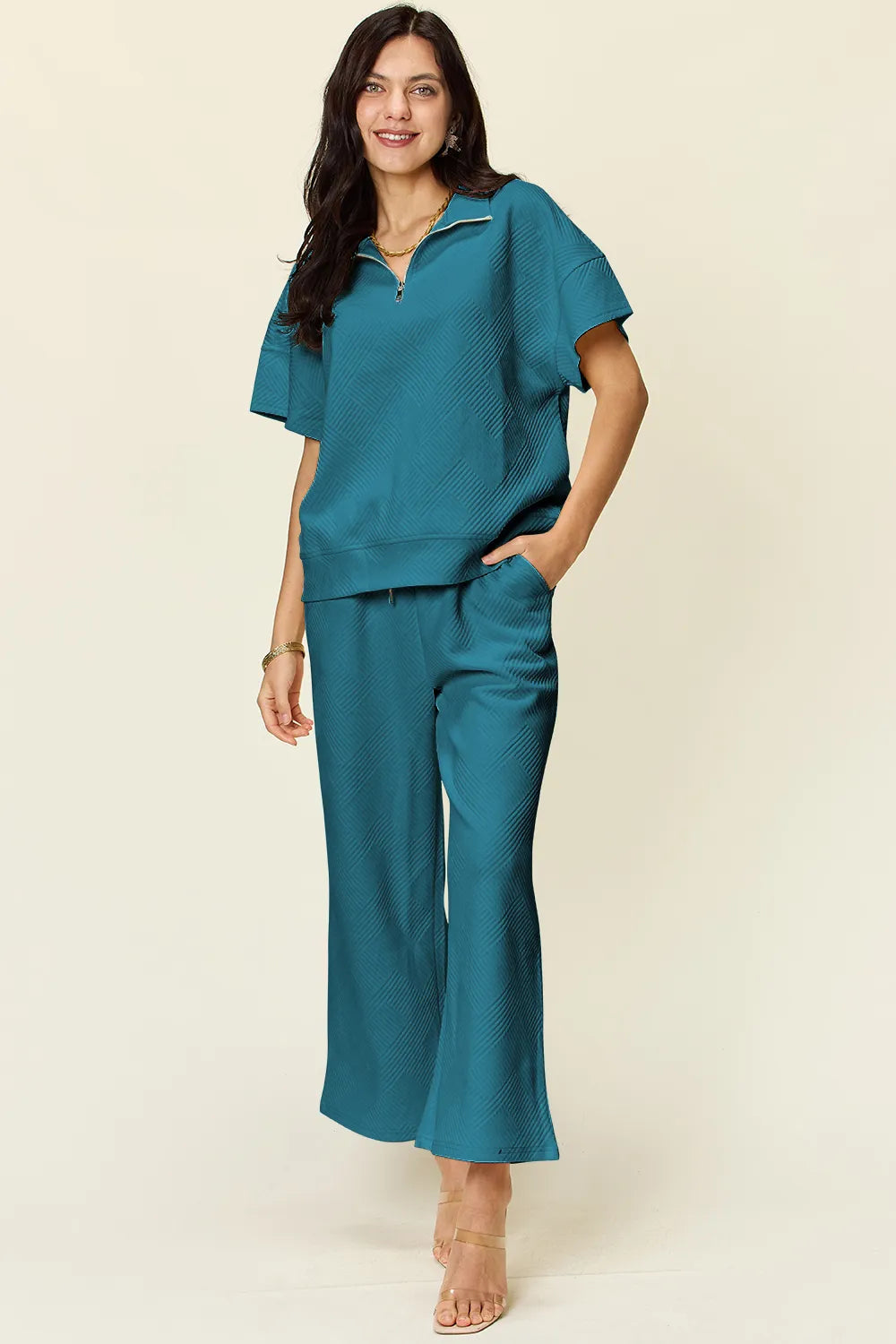 Double Take Full Size Texture Half Zip Short Sleeve Top and Pants Set - kinko
