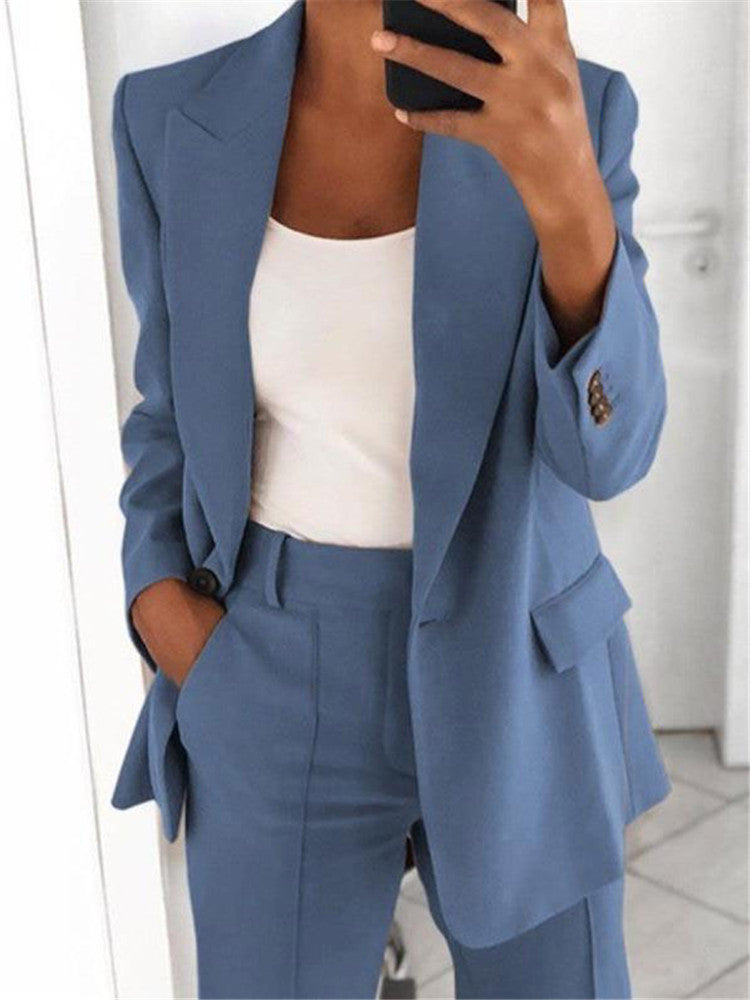 Ins Button Casual Suit Fashion Long-sleeved Lapel Blazer Jacket And Slim-fit Pocket Trousers For Women Clothing - kinko