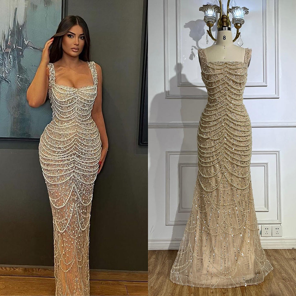Nude Elegant Sling Light Luxury High-end Pearl Beaded Dress - kinko