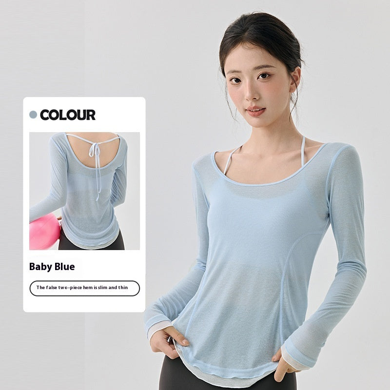 Loose Casual High-grade Yoga Clothes Blouse Hem Contrast Color Light Breathable Sexy Backless - kinko