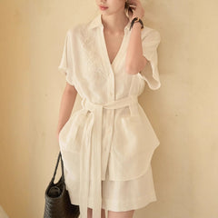 Imitation Cotton And Linen Texture Heavy Industry Short Sleeve Shirt Coat Shorts Suit - kinko