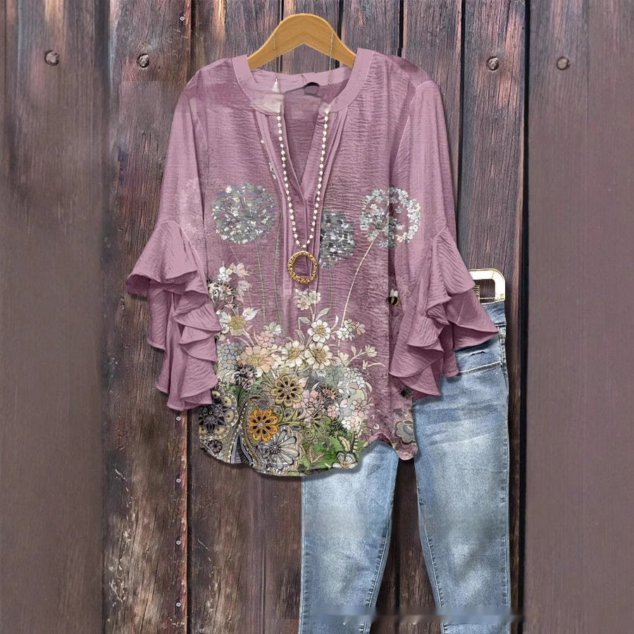 Women's Creative Printing Casual V-neck Lotus Sleeve T-shirt - kinko